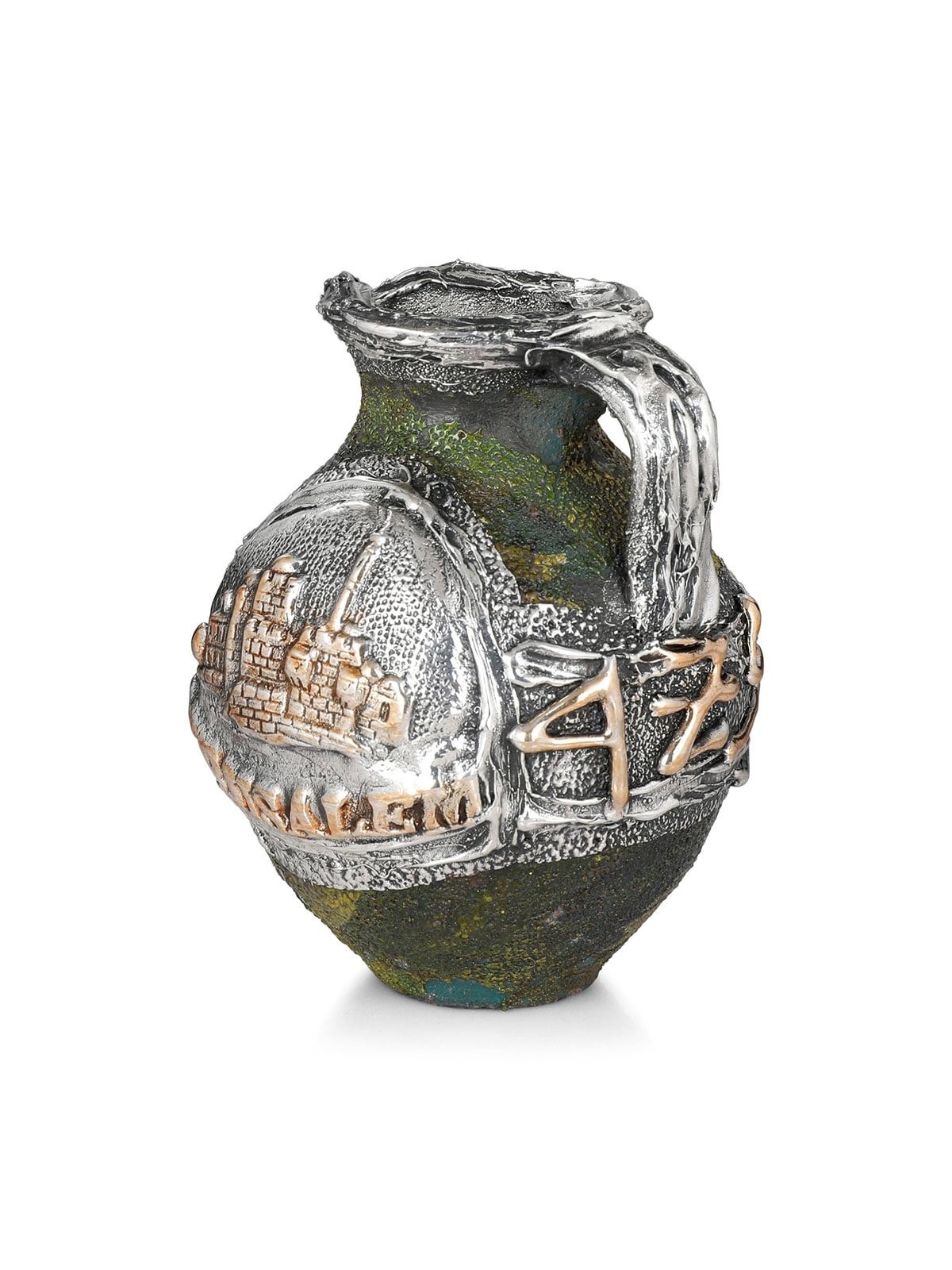 Handcrafted Green Ornamental Ceramic Pitcher With Sterling Silver Jeru